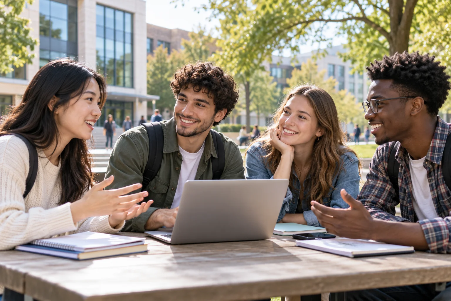 AI-generated scene of international students studying together on campus